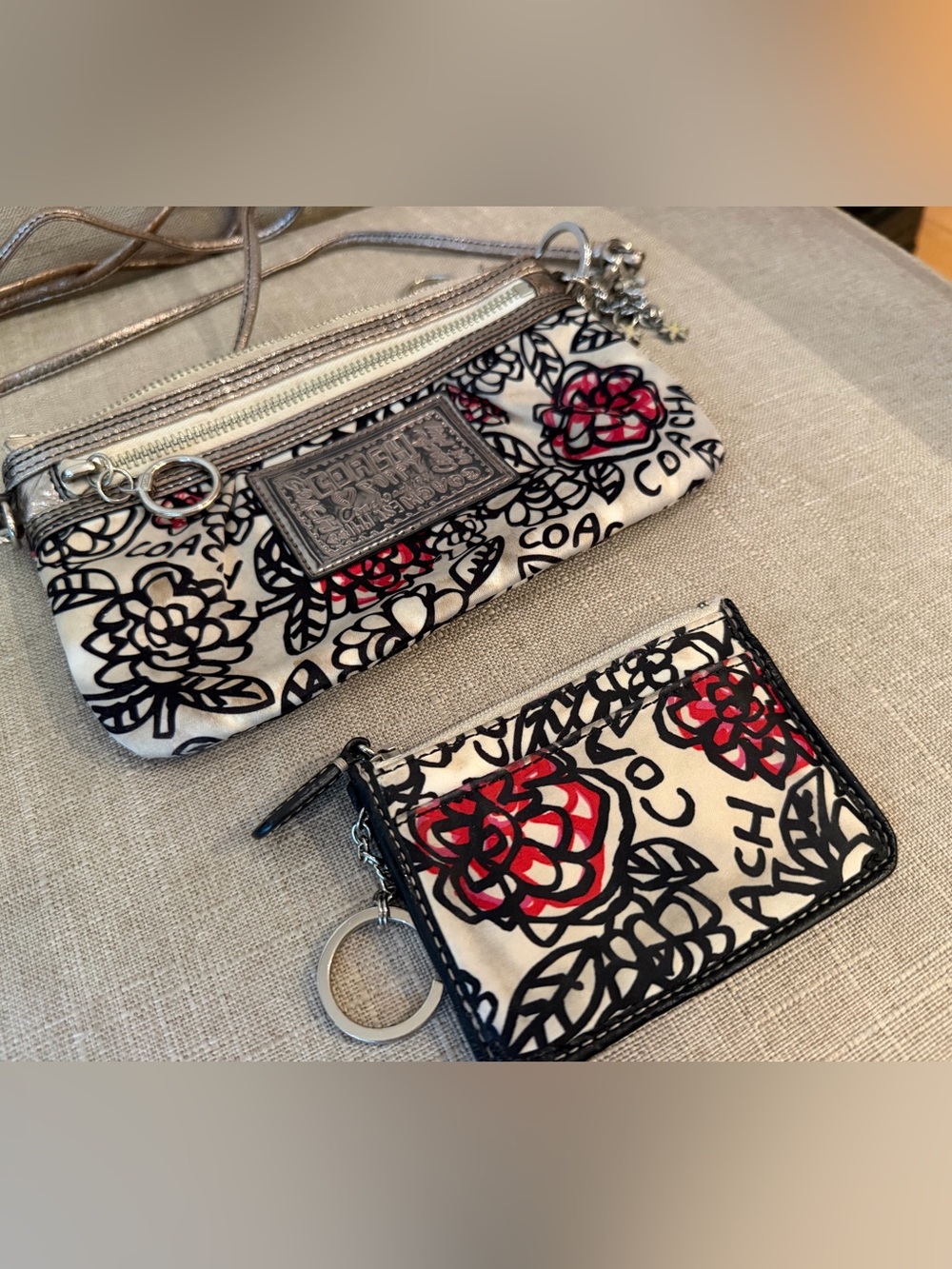 Coach Cream, Black & Red Floral Wristlet Set